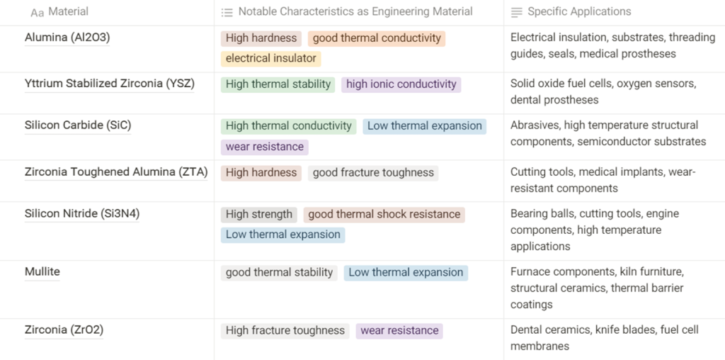 Materials table